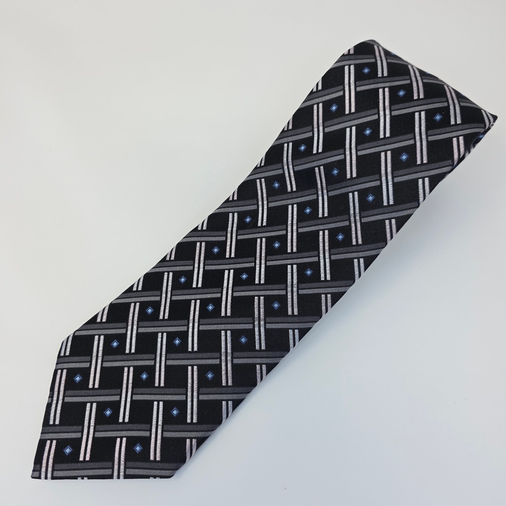 Roberto Villini Couture Tie Mens Black Grey Silk Geometric Basketweave Hand Made
